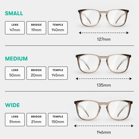 Three sizes of square Z87.1 certified polycarbonate safety glasses with blue light blocking UV coatings anti-fog dip coat.