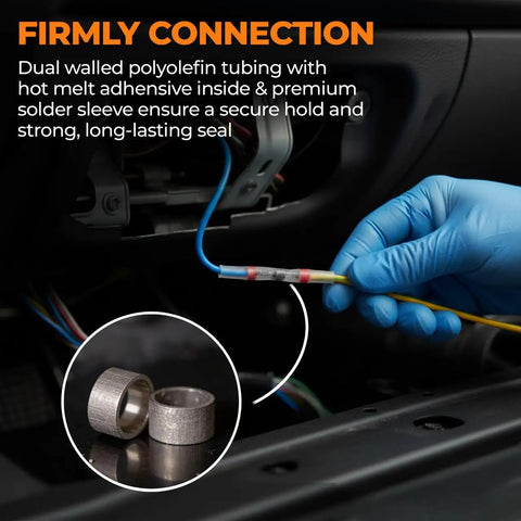 Gloved hand holding a wire with solder seal from 520 Piece Solder Seal Wire Connectors Kit With Waterproof Heat Shrink Butt Terminals