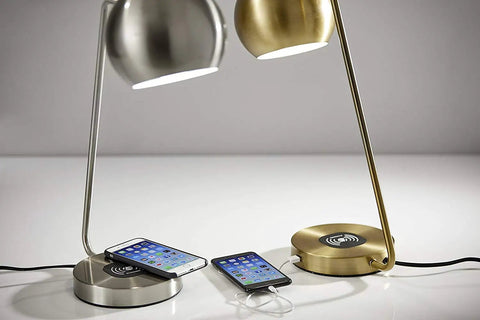 Emerson Desk Lamp With Wireless Charging Pad and USB Port 7W LED Reading Light for Home Office Qi Inductive Charging, silver and gold lamps with phones.