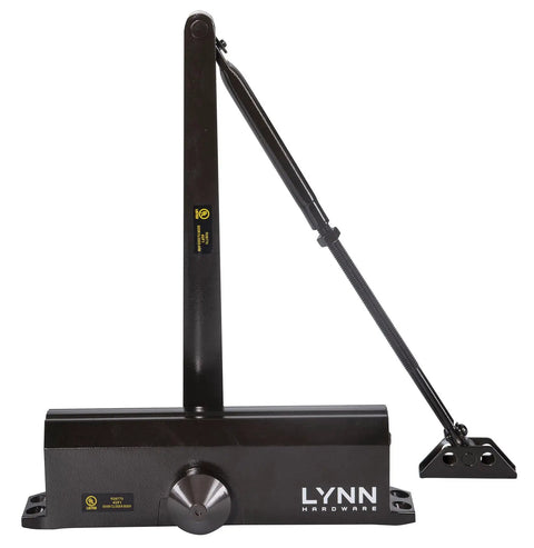 Beefy Heavy Duty Commercial Door Closer For High Traffic Entrances Adjustable Size 1 To 6 Surface Mounted Grade 1 ADA UL 3 Hour Fire Rated Fits Aluminum Storefronts Up To 330 Lbs Cast Aluminum Body With Wrought Steel Arm Dark Bronze front view