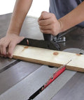 Universal Table Saw Miter Gauge Assembly With Heavy Duty Steel Build in use, showing ergonomic handle and precision angle cut.