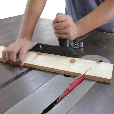 Universal Table Saw Miter Gauge Assembly With Heavy Duty Steel Build in use, showing ergonomic handle and precision angle cut.