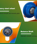 Close-up of blue and orange rollers on heavy duty I-beam trolley with steel wheel and balance shaft, ensuring smooth performance.
