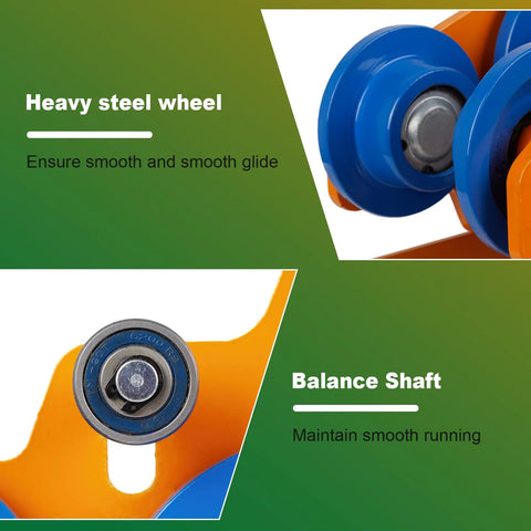 Close-up of blue and orange rollers on heavy duty I-beam trolley with steel wheel and balance shaft, ensuring smooth performance.
