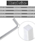 Dimensions and close-up view of L-shaped elbow wrench from Four Piece Square Head Wrench Set for Pocket Hole Screws, chrome vanadium steel.
