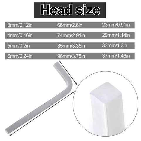 Dimensions and close-up view of L-shaped elbow wrench from Four Piece Square Head Wrench Set for Pocket Hole Screws, chrome vanadium steel.