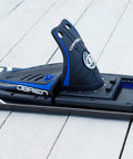 Close-up of Adult Water Skis Celebrity Ski Combo For Beginners To Pros 68 Inch Blue with dual tunnel design and adjustable bindings.