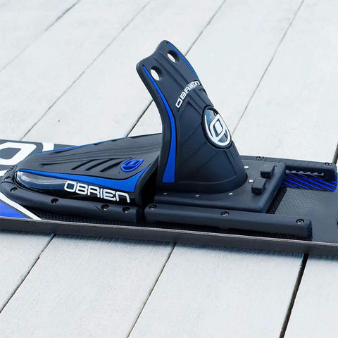 Close-up of Adult Water Skis Celebrity Ski Combo For Beginners To Pros 68 Inch Blue with dual tunnel design and adjustable bindings.