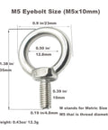 M5 Eyebolt showing dimensions, 304 stainless steel, used in heavy-duty tows and rigging applications. Rock Solid M5 Eyebolts With Nuts And Washers 10 Pack Straight Up 304 Stainless Steel Metric Shoulder Ring Bolt Industrial Strength For Heavy Duty Tows And Rigging Applications.
