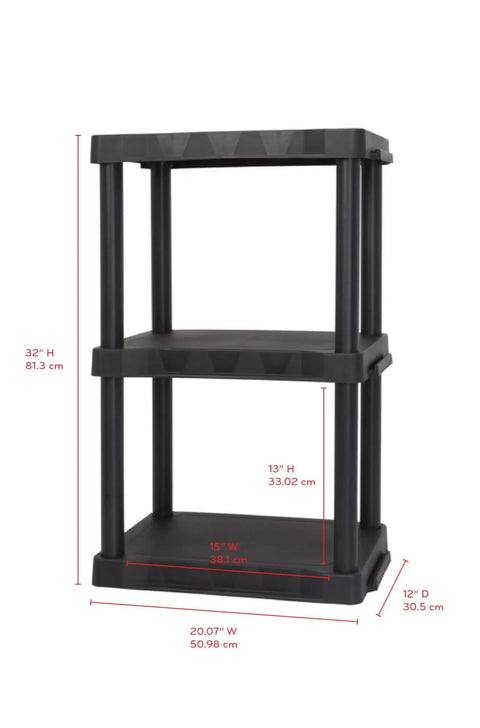 Rock Solid Black 3 Tier Plastic Storage Shelving Unit Badass Heavy Duty Free Standing Rack 32 inches high, 20.07 wide, 12 deep.