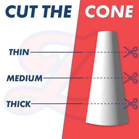Illustration showing how to cut the Tile Grout Repair Kit And Paint Squeeze Tube For Bathroom Kitchen And Shower Floors Waterproof Beige Eight Point Eight Oz Easy To Apply With Four Corner Spatula For Precise Quick Do It Yourself Grout Restoration nozzle at different thicknesses.