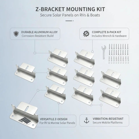 Flat Solar Panel Mounting Kit With Z Bracket Aluminum Hardware For Mobile And Marine Use Eight Pack Includes Wrench