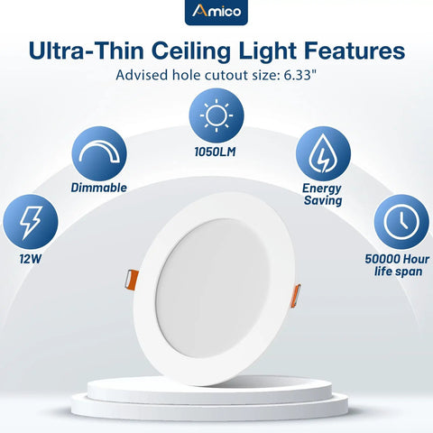 Sleek 6 Inch Led Recessed Ceiling Lights 48 Pack Featuring Adjustable 5Cct Color Tone And 1050 Lumen Output displayed alongside features.