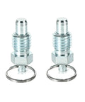 Rock Solid Two Pack Retractable Align Pins With Hassle Free Pull Tab Lock Design Made From Heavy Duty Carbon Steel And Rust Resistant Zinc Plating For Stress Free Machine Shop Setup M8 Short Spec, showing zinc plated align pins with pull tab.