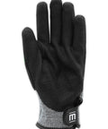 T Rex Flex Series ANSI A9 Knit Impact Glove With NitriX Palm For That Solid Dope Grip In Oily Jobs 13 Gauge Hyperon Shell Delivers Breathability And Comfort And ANSI A9 Cut Protection For Small Object Handling Size 9 Large Black And Green TRX795, back view of glove showing black NitriX palm.