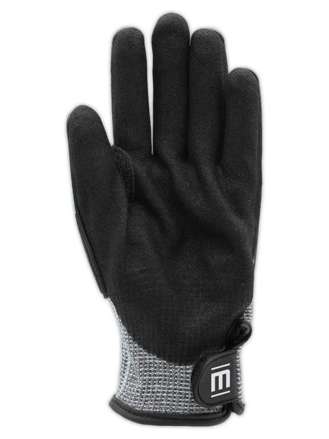 T Rex Flex Series ANSI A9 Knit Impact Glove With NitriX Palm For That Solid Dope Grip In Oily Jobs 13 Gauge Hyperon Shell Delivers Breathability And Comfort And ANSI A9 Cut Protection For Small Object Handling Size 9 Large Black And Green TRX795, back view of glove showing black NitriX palm.