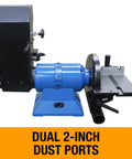 Rugged Workhorse 4X36 Belt And 9 Inch Disc Grinder With 1Hp Dual Voltage Motor showing dual 2-inch dust ports for efficient cleanup.