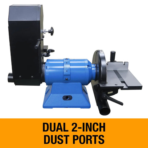 Rugged Workhorse 4X36 Belt And 9 Inch Disc Grinder With 1Hp Dual Voltage Motor showing dual 2-inch dust ports for efficient cleanup.