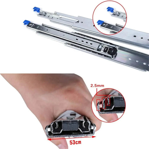 Heavy Duty Full Extension Side Mount Drawer Slides Pair Rock Solid Steel Tracks With Fast Lock Buckles for easy installation.