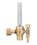 Brass CO2 welding gas regulator with flowmeter, front view; transparent tube, 0–25 LPM, 5/8 in x 18 male connector