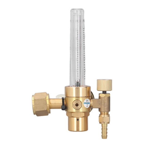 Brass CO2 welding gas regulator with flowmeter, front view; transparent tube, 0–25 LPM, 5/8 in x 18 male connector