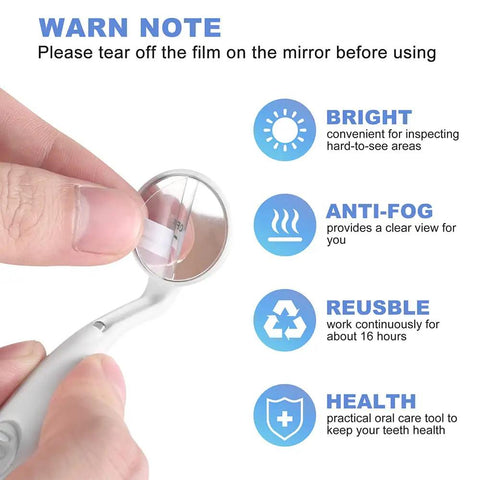 Bright LED Dental Mirror For At Home Checkup With Anti Fog Shield, Mouth Inspection Tool, Battery Powered With 3 LR44 Cells, Ultra Clear View For Teeth And Gums, Ideal For Daily Oral Health Care, handheld mirror close-up with film film peel note