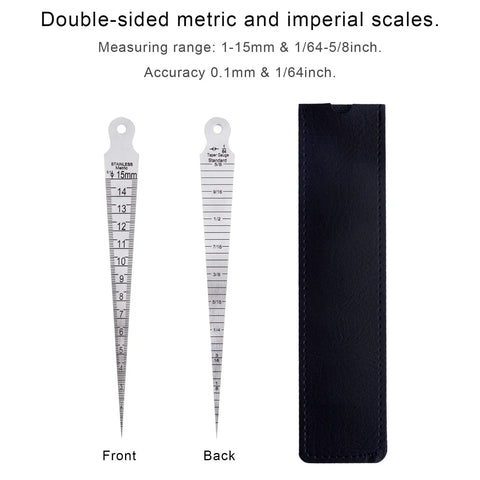 ZLKSKER taper gauge set with metric and imperial scales (1-15 mm, 1/64-5/8 in), two metal gauges and black carrying case