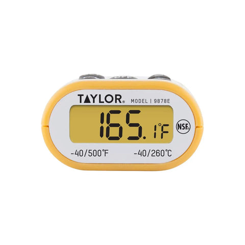 Close-up of the Compact Waterproof Digital Food Thermometer Pro Grade Kitchen Companion with Amber Backlit LCD showing 165.1°F