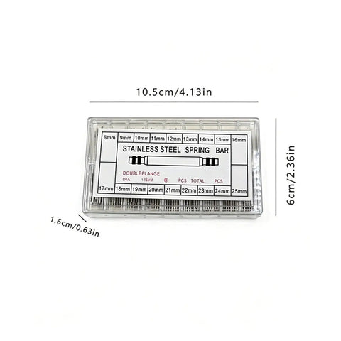 Pro Grade Watch Band Repair Kit with 8mm to 25mm spring bars and pins in clear case, size indications shown on lid.
