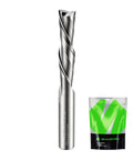 Front view: 1/4 in shank spiral downcut router bit; solid carbide tool with green packaging