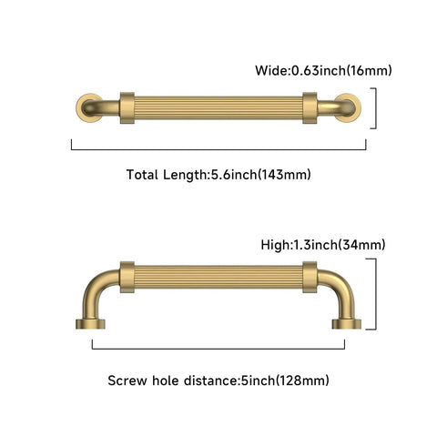 Diagram of champagne bronze cabinet handle showing dimensions including width 0.63in, total length 5.6in, height 1.3in, screw spacing 5in.