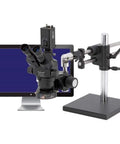 Digital Trinocular Stereo Zoom Microscope With 22 Inch HD Monitor And 1080P Camera For Inspection And Dissection 5x To 65x Magnification 1.0x To 6.5x Zoom Objective 0.5x Auxiliary Objective LV2000 LED Ring Illuminator Ball Bearing Base on stand beside 22-inch monitor