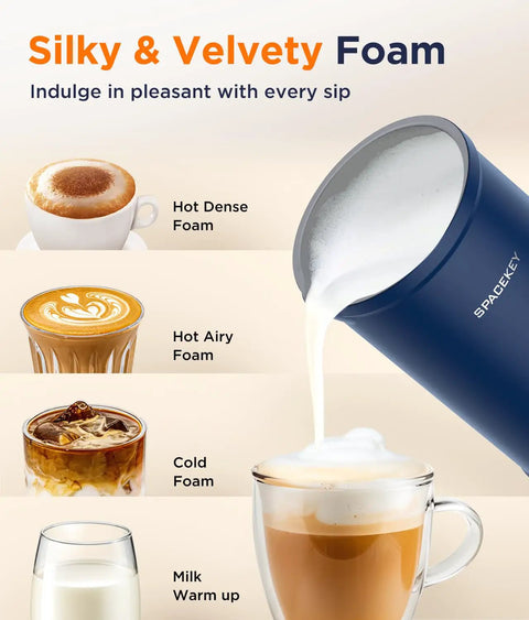 No Fuss Electric Automatic Milk Frother With Quiet Mute Mode 300ml Capacity Overheat Protection 4 In 1 Foam Maker pouring milk