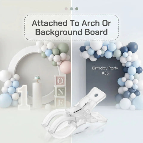 Grab These Heavy Duty 3.5 Inch Clear Balloon Arch Clips And Make Your Next Party Or Wedding Look Totally Awesome With Secure Spring Clamps That Grip Tight And Keep Balloons Stacking Smooth For Epic Backdrops. Clear PET balloon arch clip attached to backdrop board for party setup