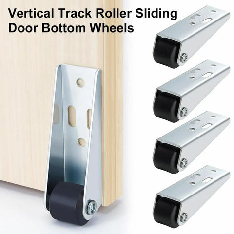 Rock Solid Vertical Track Roller Wheels For Sliding Barn Doors Featuring Quiet Rubber Casters And Reinforced Bearings, showcasing silver rollers with black casters.