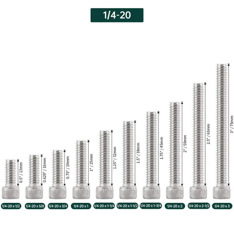 High Octane 1/4-20 X 1 Socket Head Cap Screws In Knockout 304 Stainless Steel, various lengths displayed for heavy duty projects.