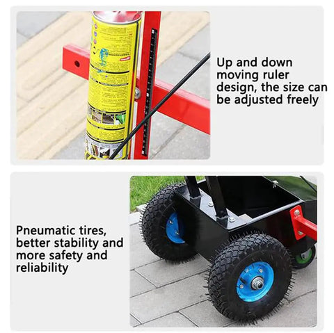 Heavy Duty Hand Push Line Paint Marker Roll Right Along Driveways Without Breaking A Sweat Crisp Stripe Applicator showing adjustable ruler and pneumatic tires.