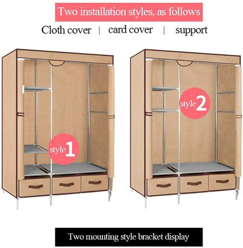 Heavy Duty Freestanding Wardrobe Closet With Steel Hanging Rod And Open Shelves For Bedroom Storage Game Changer showing two installation styles.