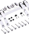 Complete hardware kit for beefy double barn door with frosted glass sliding system for interiors, including screws and hangers.