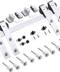 Hassle Free Smooth Glide Sliding Double Barn Door Kit 42 X 96 Inches components including stainless steel track and hangers.