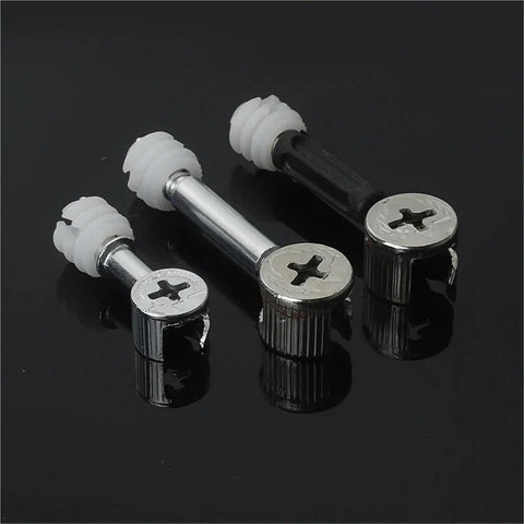 Heavy Duty Cam Lock Fittings 50 Piece Set With 3 In 1 Furniture Connectors Cam Screws And Eccentric Wheel Nuts showing various connector sizes.