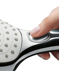 Close-up of Raindance Select S 5 Inch Handheld Shower Head Set With 3 Spray Modes Rain Rain Air Whirl Air button on white chrome handle