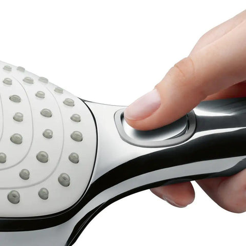 Close-up of Raindance Select S 5 Inch Handheld Shower Head Set With 3 Spray Modes Rain Rain Air Whirl Air button on white chrome handle