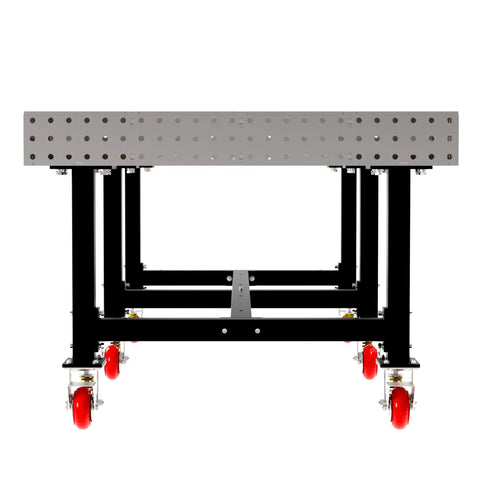 Industrial Grade Welding Fixture Table With Rolling Locking Casters For Pro Mechanics And Fabricators Laser Cut Precision Grid Pattern, front view