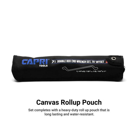 Extra Clearance And Leverage To Tackle Hard To Reach Fasteners In Tight Spaces With A Deep 75 Degree Offset Double Box End Wrench Set SAE One Quarter To One Inch 7 Piece With Heavy Duty Canvas Pouch