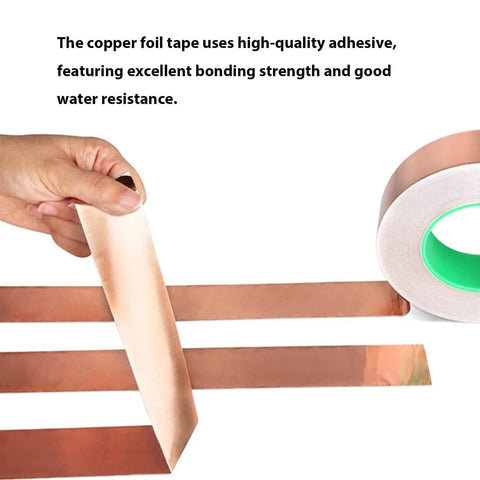Pro Grade Copper Foil Tape With Double Sided Conductive Adhesive being unrolled, 0.05mm thick, 25mm wide, 20m roll