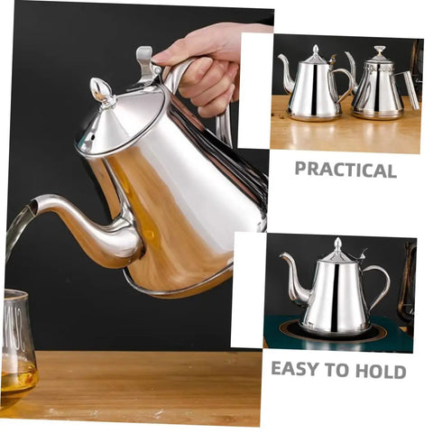 Premium Stainless Steel Long Spout Pour Over Kettle With Cool Touch Grip pouring tea, sleek design, easy to hold handle.