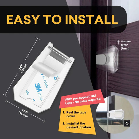 Sliding Closet Door Child Lock With Double Sided Tape Easy Install, clear plastic lock dimensions shown, adhesive back visible.