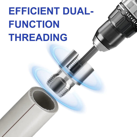 Dual Function PVC Pipe Threader Kit With Internal And External Threading For One Half Inch, Three Quarter Inch, And One Inch PVC Pipes, Drill Compatible With Most Electric Drills, Durable Silver Finish in use with drill on PVC pipe