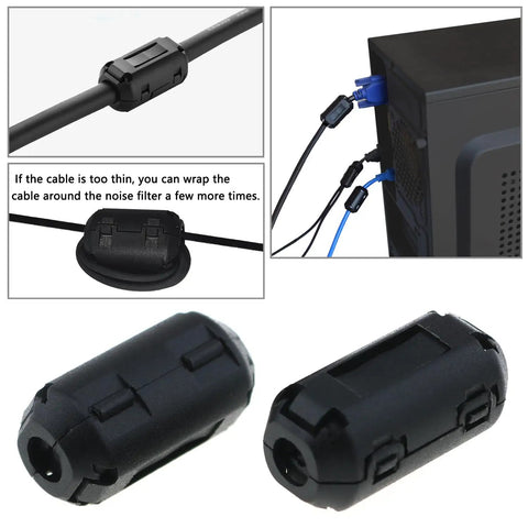 12-Pack 3.5mm Degaussing Filters Anti Jammer Noise Filters For Home Appliances And Electronics EMI RFI Suppression To Improve Audio And Video Clarity Dual Clip Locking Housings displayed on cables and computer setup.